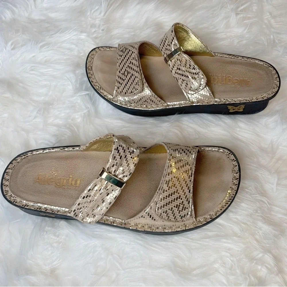 Alegria Karin Gold Snakeskin‎ Leather Slide Sandals Womens 38 KAR-523